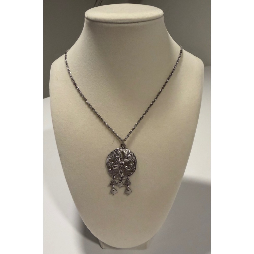 Silver Tone Sand Dollar Pendant Necklace with Dangle Charms Rope Chain Coastal